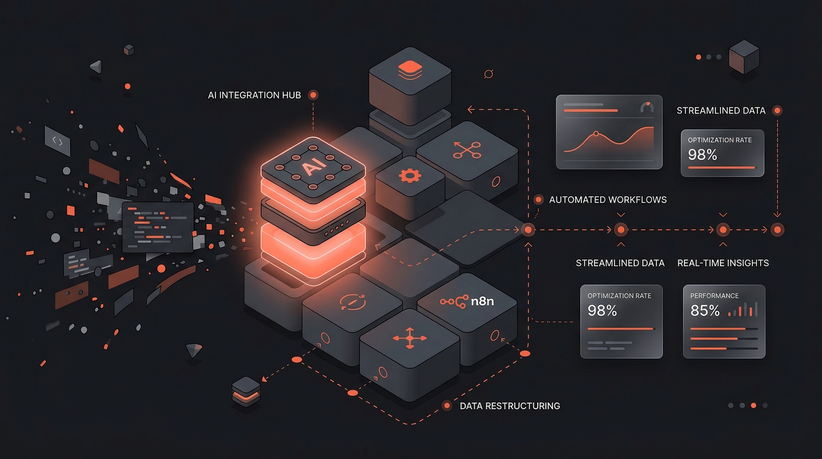 Dark mode SaaS illustration showing an AI agent core seamlessly integrating into a workflow grid to solve a structural problem, representing a problem-first approach to building AI applications.