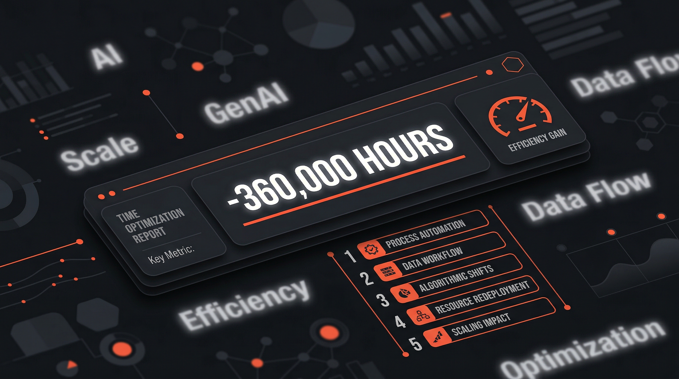 AI automation value proposition dashboard showing 360,000 hours saved, illustrating measurable enterprise AI ROI and efficiency gains through process optimization.