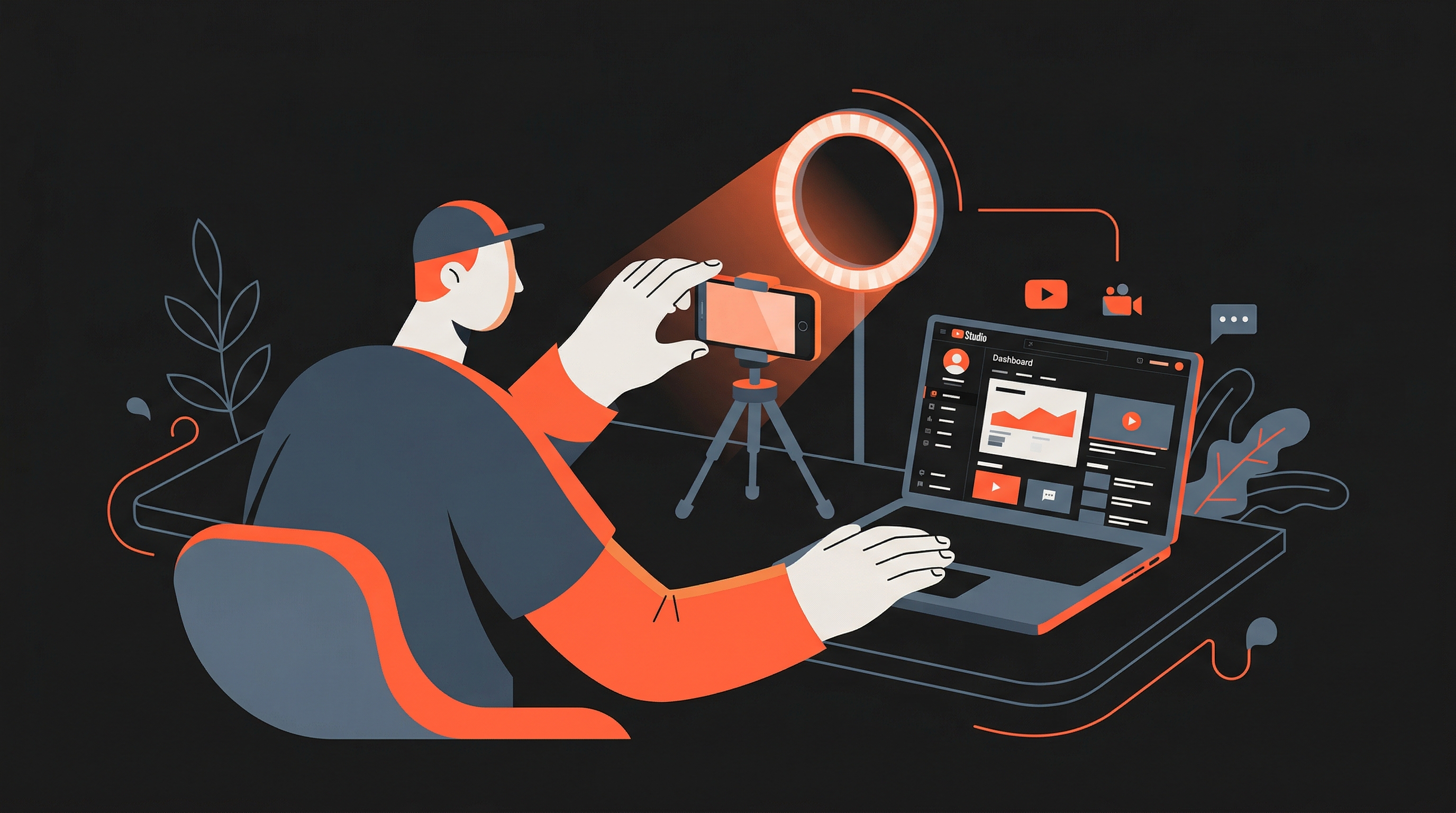 Illustration of a content creator sitting at a desk adjusting a smartphone on a tripod with a ring light, laptop open to YouTube Studio dashboard, surrounded by video and streaming icons on a dark background