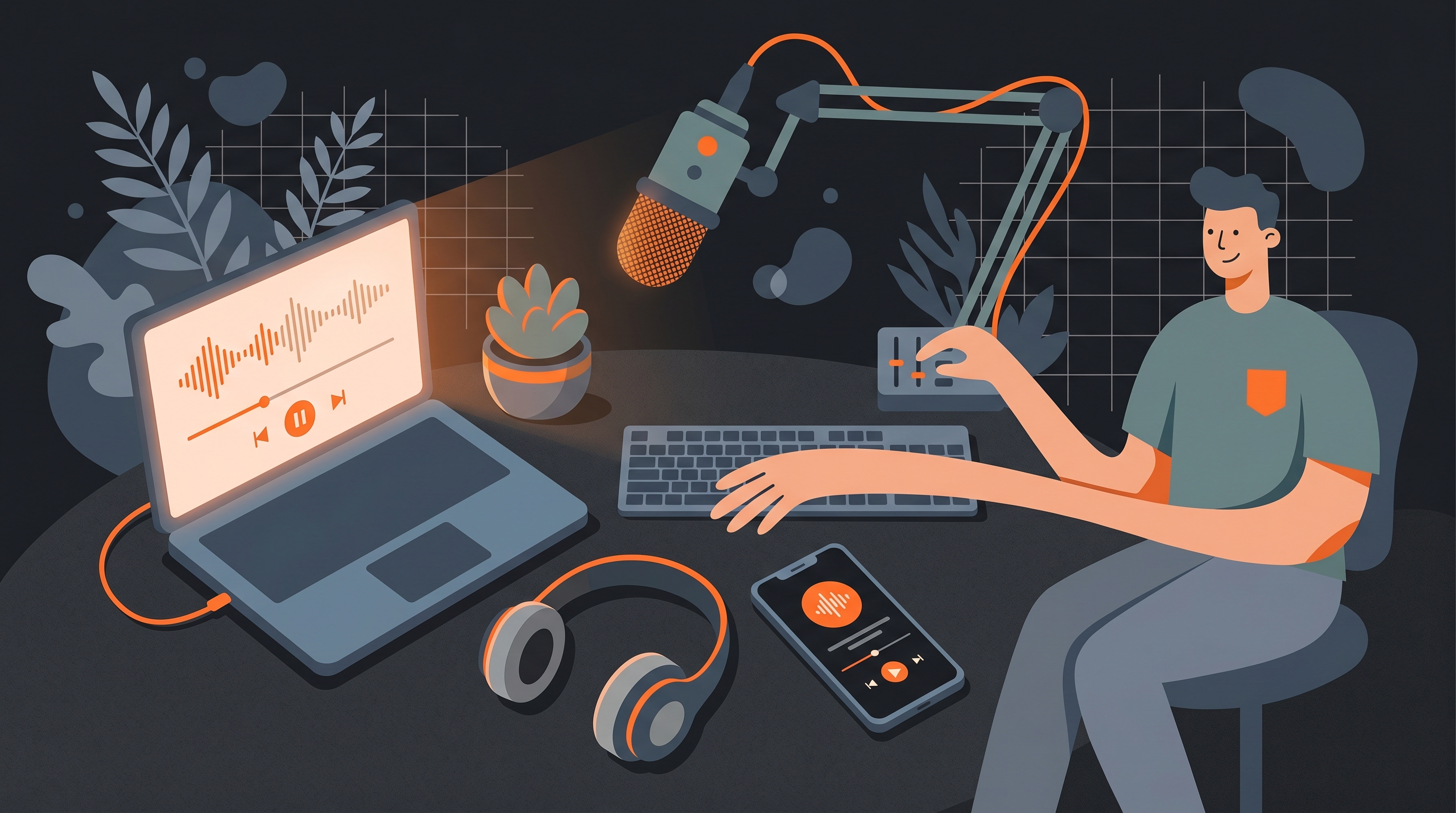 Best ai voice generator 2026 creator using AI text to speech and voice cloning tools at desk with microphone laptop and headphones