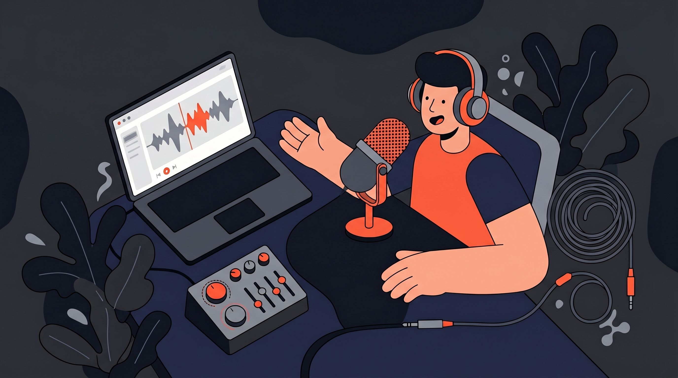 Podcast creator recording with microphone and audio editing software showing waveform timeline on laptop, best podcast editing tools for professional creators in 2026