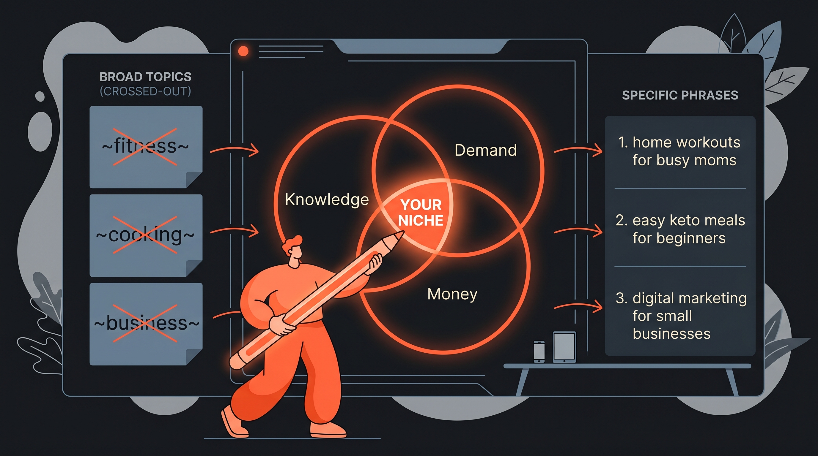3-Circle Overlap Framework showing how to find your content creator niche: broad topics like fitness, cooking, and business are crossed out on the left, while a Venn diagram of Knowledge, Demand, and Money intersects at "Your Niche" in the center, with specific micro-niche examples on the right including home workouts for busy moms, easy keto meals for beginners, and digital marketing for small businesses