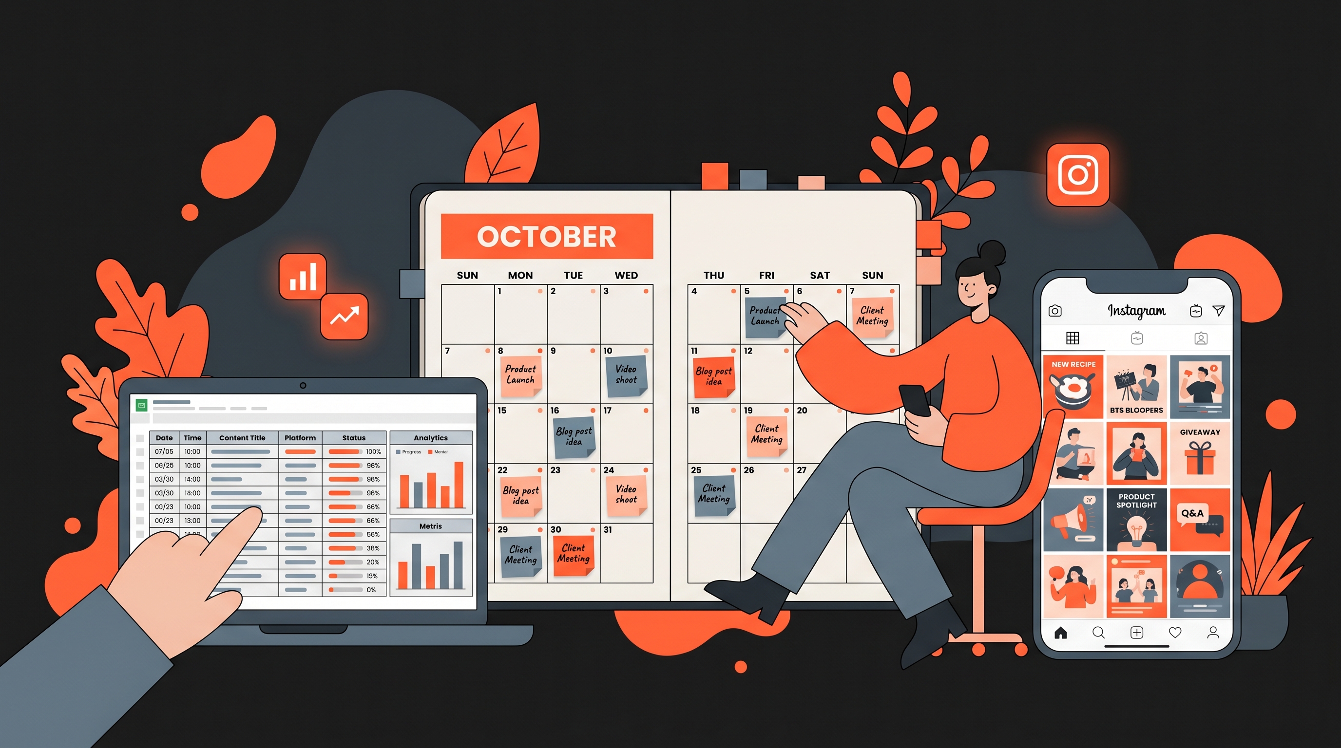 Content calendar template with color-coded weekly planner, laptop showing content scheduling spreadsheet, and phone displaying Instagram grid layout for daily posting system