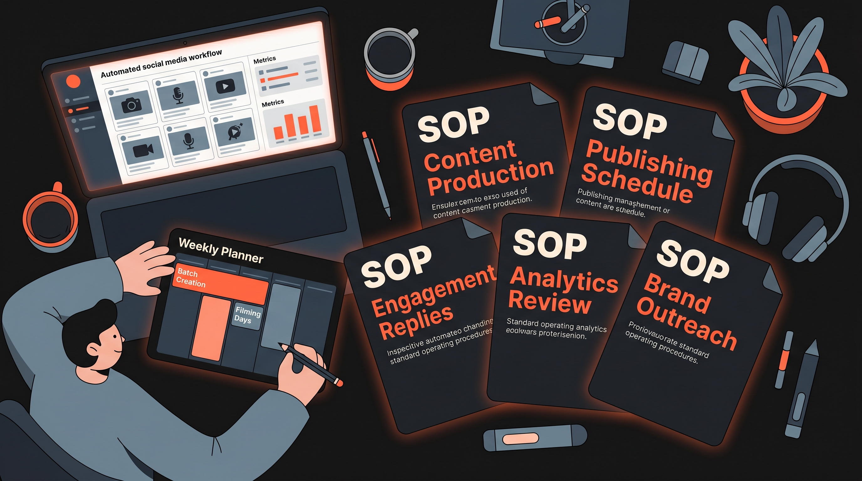 Illustrated overhead view of a content creator's desk with a weekly batch creation planner, automated social media          workflow dashboard, and five SOP cards for content production, publishing schedule, engagement replies, analytics review, and brand outreach