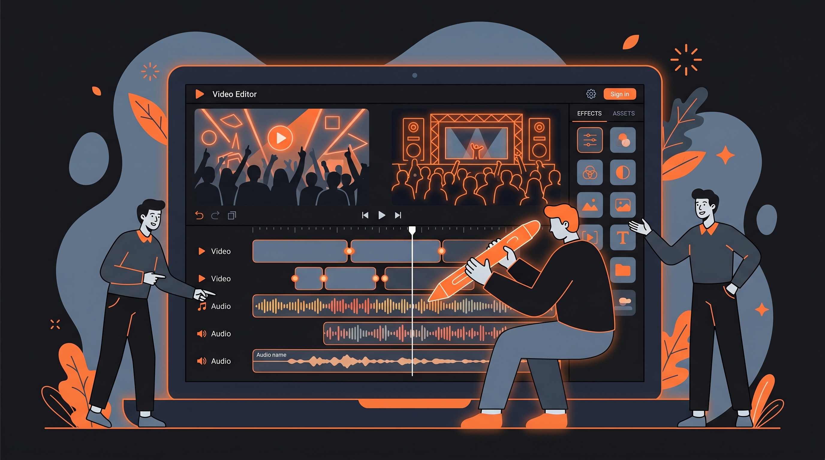 AI music video generator interface showing a video editor timeline with concert visuals, audio waveforms, and effects panel for creating music videos