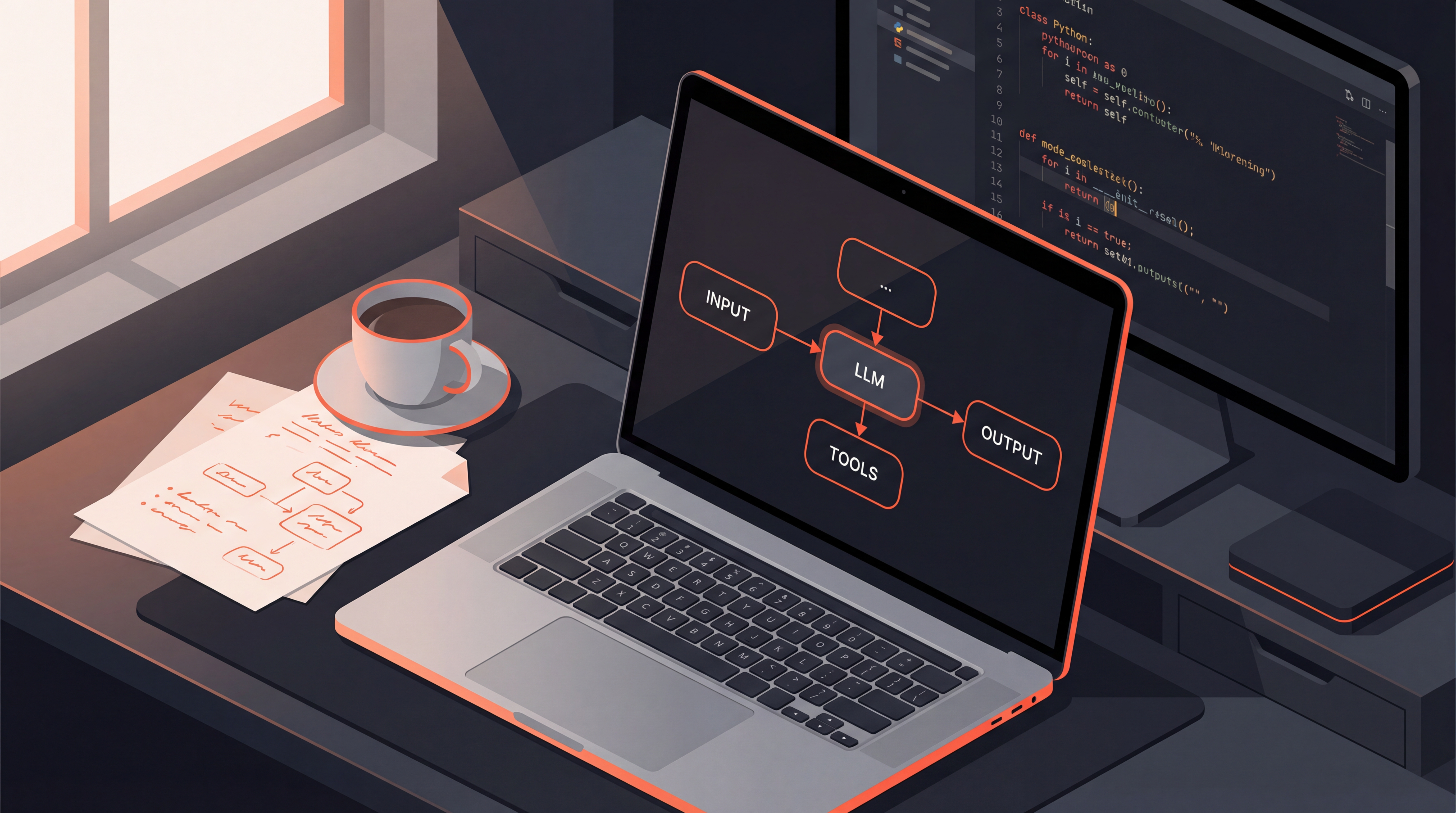 Developer workspace with a laptop displaying an LLM app flowchart showing Input, LLM, Tools, and Output nodes, with a code editor on a second monitor in the background.