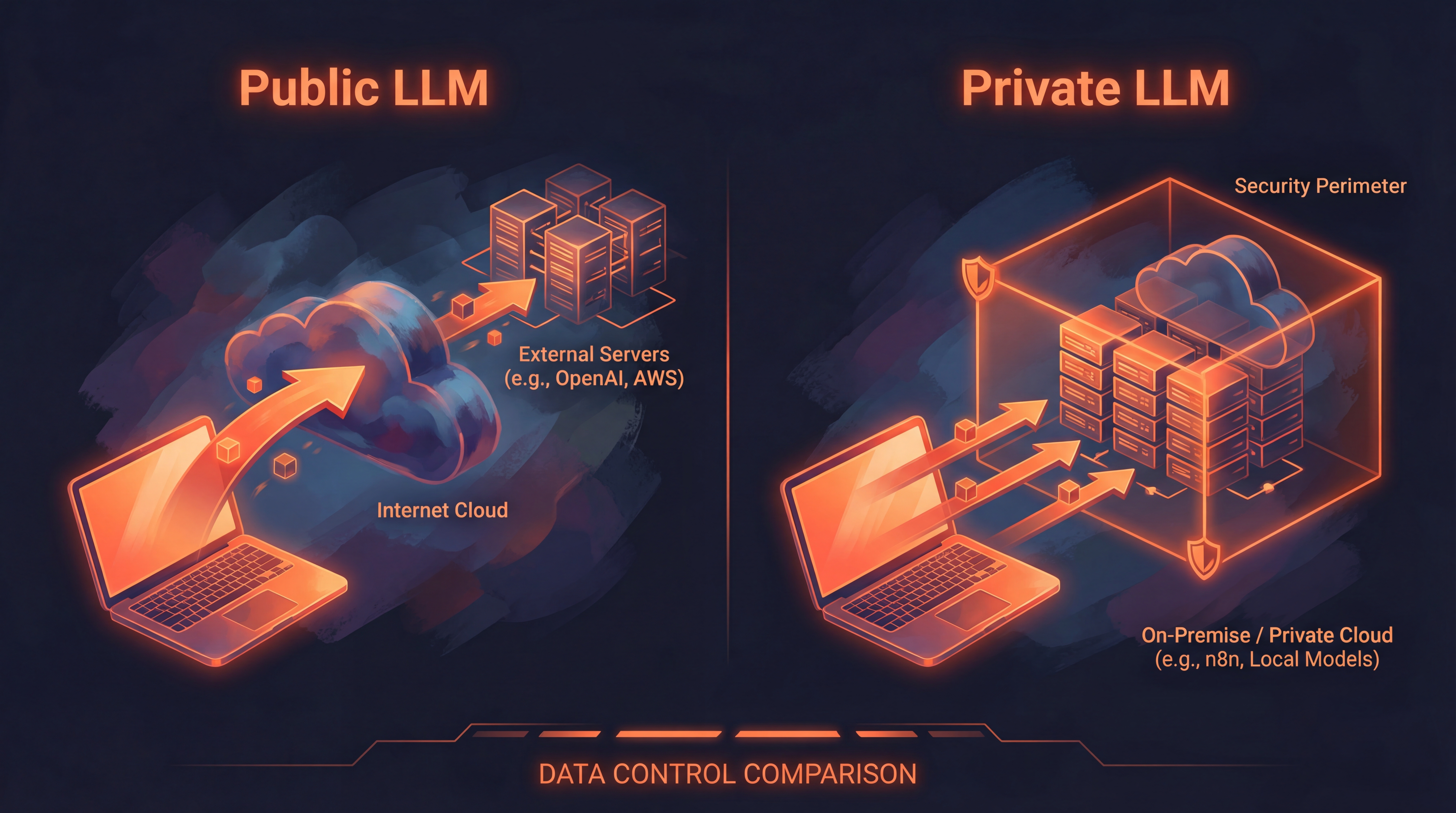 A side-by-side diagram comparing Public LLM and Private LLM data flow. On the left, a laptop sends data through an internet cloud to external servers such as OpenAI and AWS. On the right, a laptop communicates with on-premise or private cloud infrastructure such as n8n and local models, all contained within a visible security perimeter. The bottom label reads "Data Control Comparison."